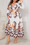 Large Size Printed Long Sleeved V-Neck Dress