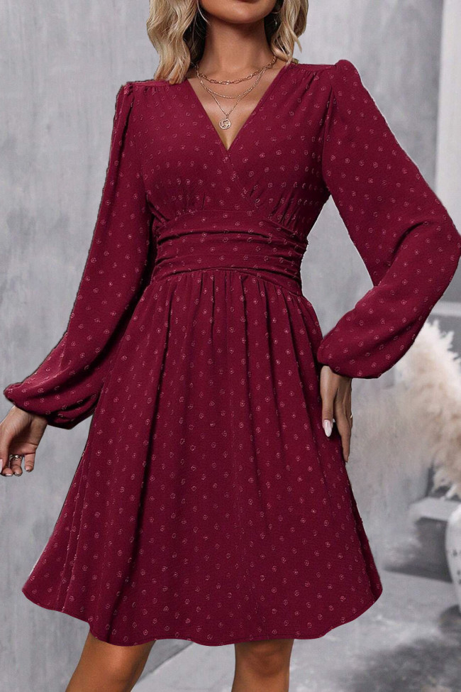 Swiss Dot V-Neck Lantern Sleeve Dress