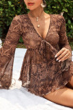 Mesh Printed Deep V-Neck Long Sleeved Top
