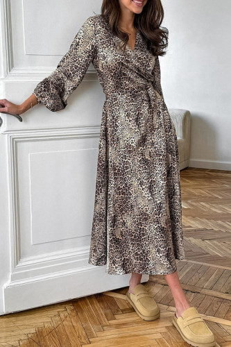 Leopard Print V-Neck Lantern Sleeve Dress
