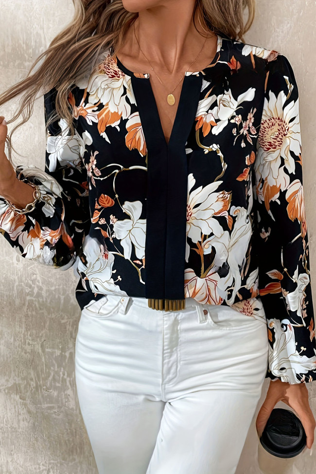 Printed V-Neck Long Sleeved Commuting T-Shirt