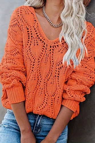 Hollow V-Neck Long Sleeved Loose Knit Sweater