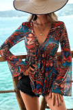 Mesh Printed Deep V-Neck Long Sleeved Top
