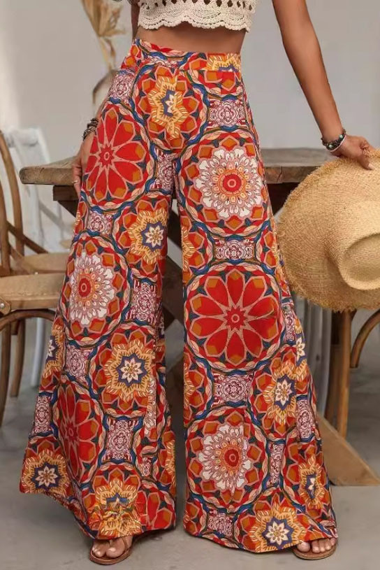 Vintage Printed Long Wide Leg Pants
