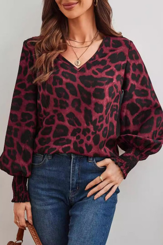 Leopard Print V-Neck Lantern Sleeve Shirt