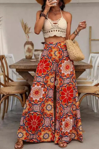 Vintage Printed Long Wide Leg Pants