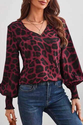 Leopard Print V-Neck Lantern Sleeve Shirt