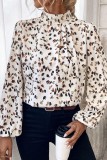 Leopard Print Puff Sleeve Mock Neck Pleated Blouse