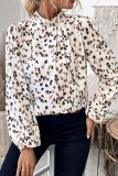 Leopard Print Puff Sleeve Mock Neck Pleated Blouse