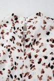 Leopard Print Puff Sleeve Mock Neck Pleated Blouse