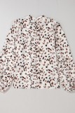Leopard Print Puff Sleeve Mock Neck Pleated Blouse