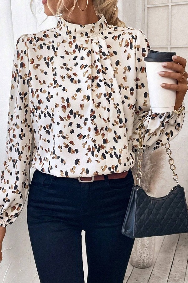 Leopard Print Puff Sleeve Mock Neck Pleated Blouse