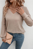 Solid Color V-Neck Loose Long Sleeved Knitted T-Shirt