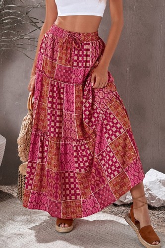 Boho Printed High Waist Tiered Maxi Skirt
