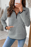 Waffle V-Neck Zipper Solid Color Top