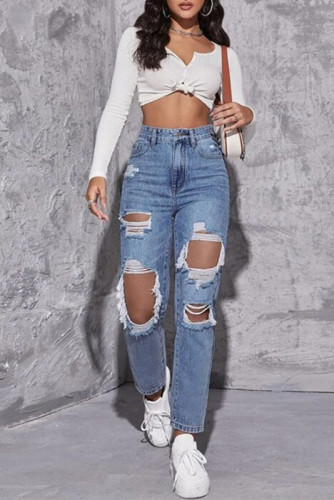 High Waisted Straight Leg Ripped Jeans