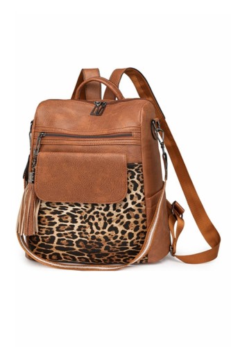Leopard Patchwork PU Leather Functional Backpack
