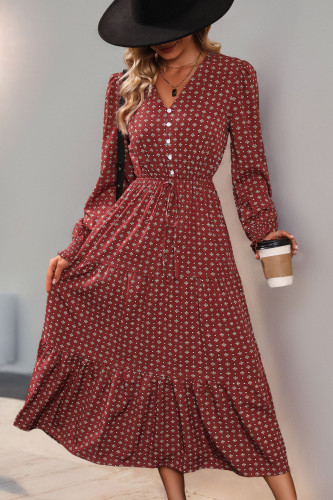 Printed V-Neck Long Sleeved Dress