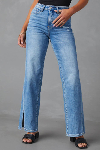 High Waisted Split Straight Leg Elastic Jeans
