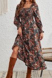 Retro Square Neck  Print Long Sleeve Dress
