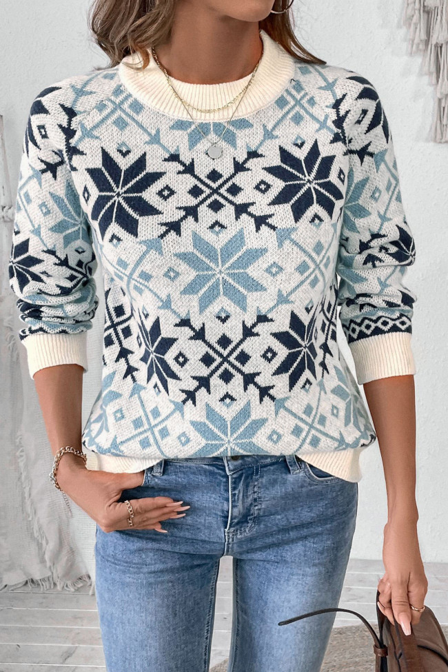 Printed Round Neck Long Sleeved Knitted Sweater