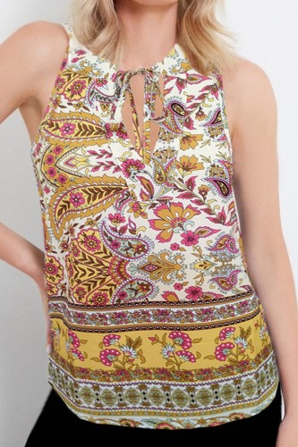 Retro Print V neck Tie Sleeveless Tops