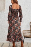 Retro Square Neck  Print Long Sleeve Dress