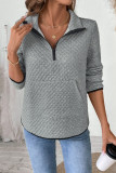 Waffle V-Neck Zipper Solid Color Top