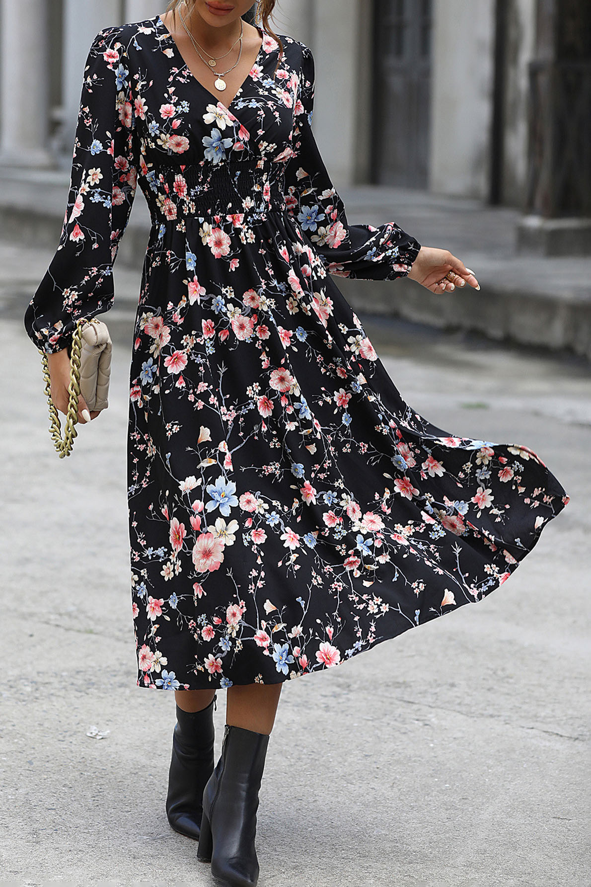 US$ 9.57 - Long Sleeved Floral V-Neck Dress - www.shoppingwill.com
