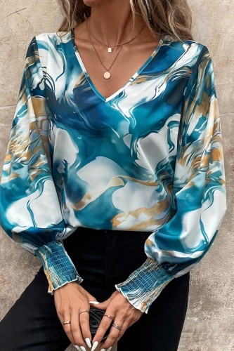 Chic V neck Lantern Sleeve Blouse