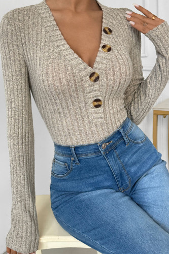 Solid Color Long Sleeved V-Neck Jumpsuit