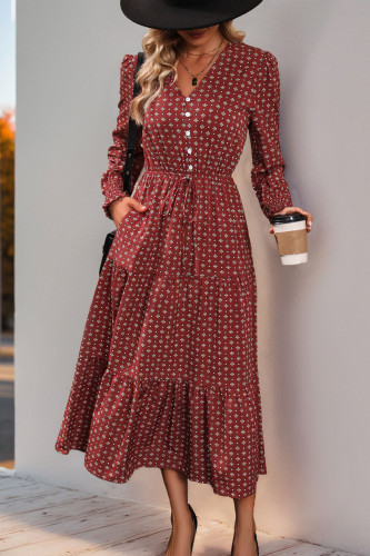 Printed V-Neck Long Sleeved Dress