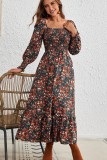 Retro Square Neck  Print Long Sleeve Dress