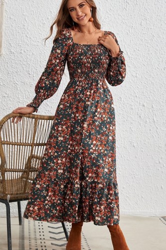 Retro Square Neck  Print Long Sleeve Dress