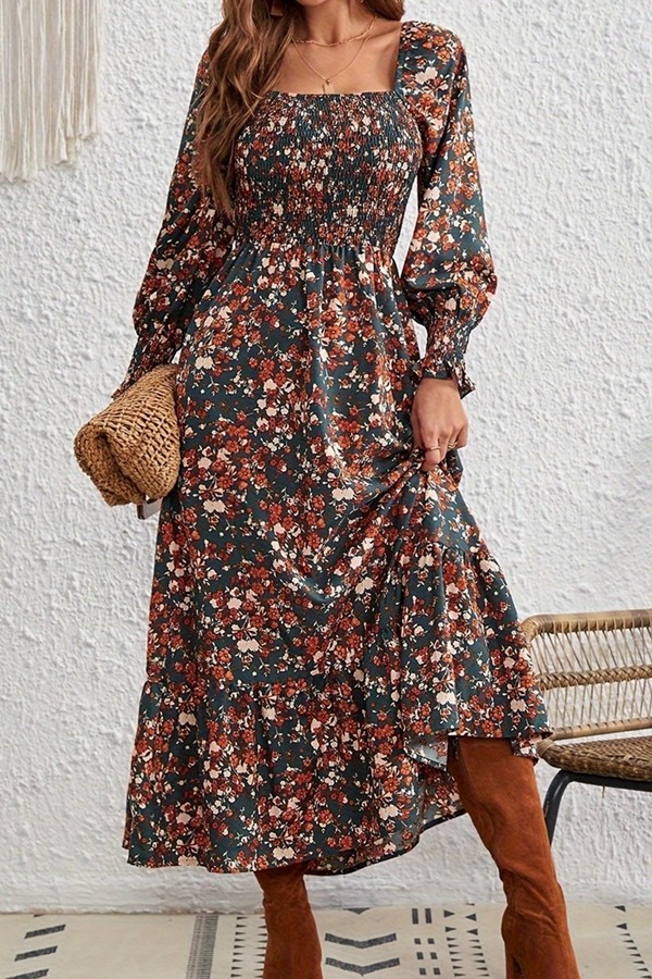 Retro Square Neck  Print Long Sleeve Dress