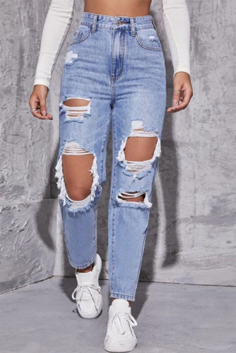 High Waisted Straight Leg Ripped Jeans