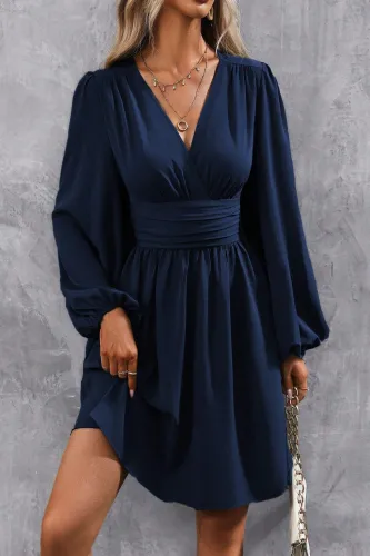 Lantern Sleeve V Neck Long Sleeve Dress