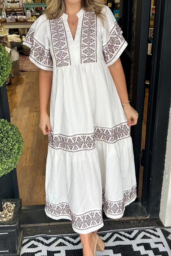 Plus Size V neck Puff Sleeve Casual Dress