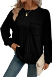 Solid Color Round Neck Pocket Long Sleeve Tops