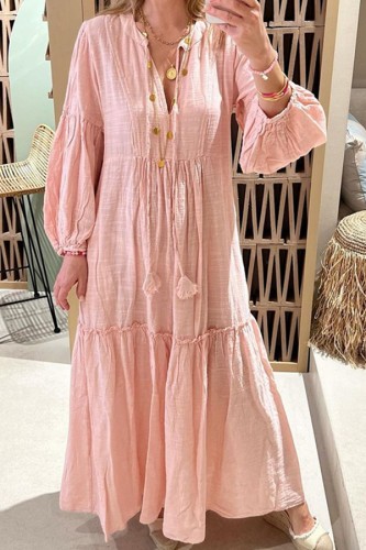 Pink Bubble Sleeve Cotton Linen Boho Dress