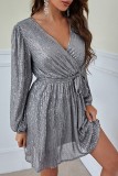 Sequin V Neck Wrapped Long Sleeve Mini Dress