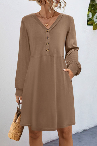 V-Neck Button Long Sleeved Knitted Dress