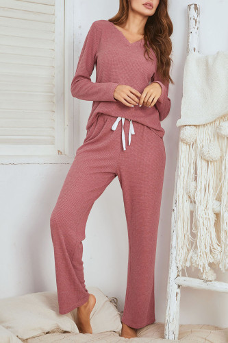 Waffle Long Sleeved Long Pants Pajamas Two-Piece Set