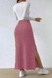High Waisted Side Slit Knitted Solid Color Skirt