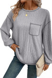 Solid Color Round Neck Pocket Long Sleeve Tops