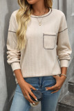 Solid Color Round Neck Pocket Long Sleeve Tops