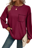 Solid Color Round Neck Pocket Long Sleeve Tops