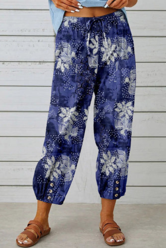 Cotton Linen High Waisted Retro Printed Pants