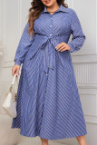 Large Size Striped Long Sleeved Waist Tie Shirt Dress
