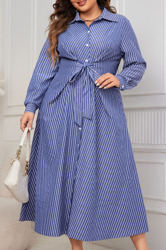 Large Size Striped Long Sleeved Waist Tie Shirt Dress